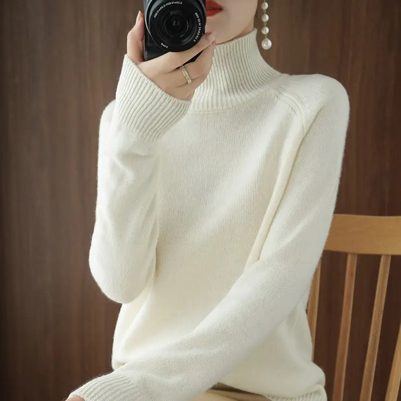 Turtleneck Pullover Fall/winter 2023 Cashmere Sweater Women Pure Color Casual Long-sleeved Loose Pullover Bottoming Women's - Amber Fashion UK