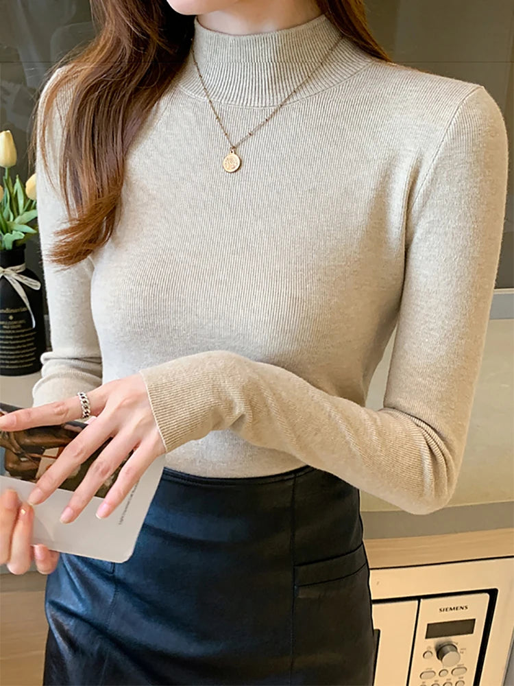 AOSSVIAO Turtleneck Sweater Women Fashion 2024 New Stretch Tops Women Knitted Pullovers Long Sleeve Bottoming Knitted Sweater - Amber Fashion UK