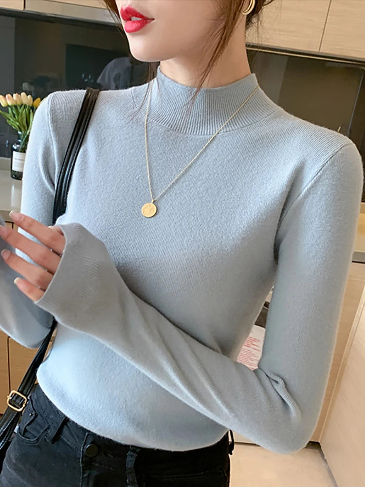 AOSSVIAO Turtleneck Sweater Women Fashion 2024 New Stretch Tops Women Knitted Pullovers Long Sleeve Bottoming Knitted Sweater - Amber Fashion UK