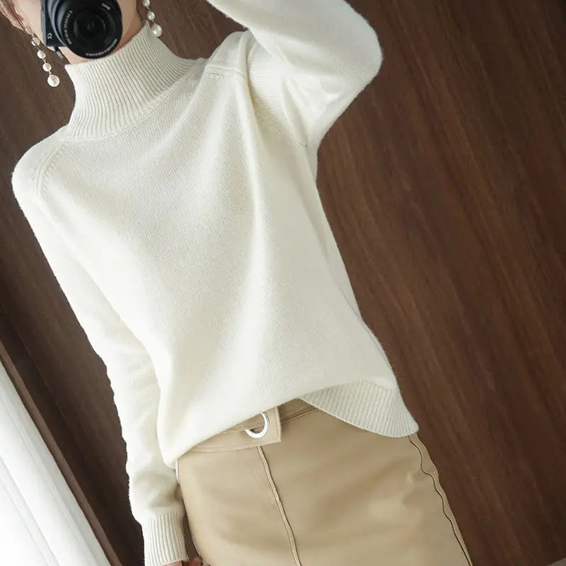 Turtleneck Pullover Fall/winter 2023 Cashmere Sweater Women Pure Color Casual Long-sleeved Loose Pullover Bottoming Women's - Amber Fashion UK
