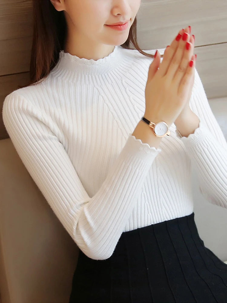 2025 Autumn Women Mock Neck Ruffles Sweater Long Sleeve Knitted Bottoming Solid Pullovers Stripe Women Casual Sweater Winter - Amber Fashion UK