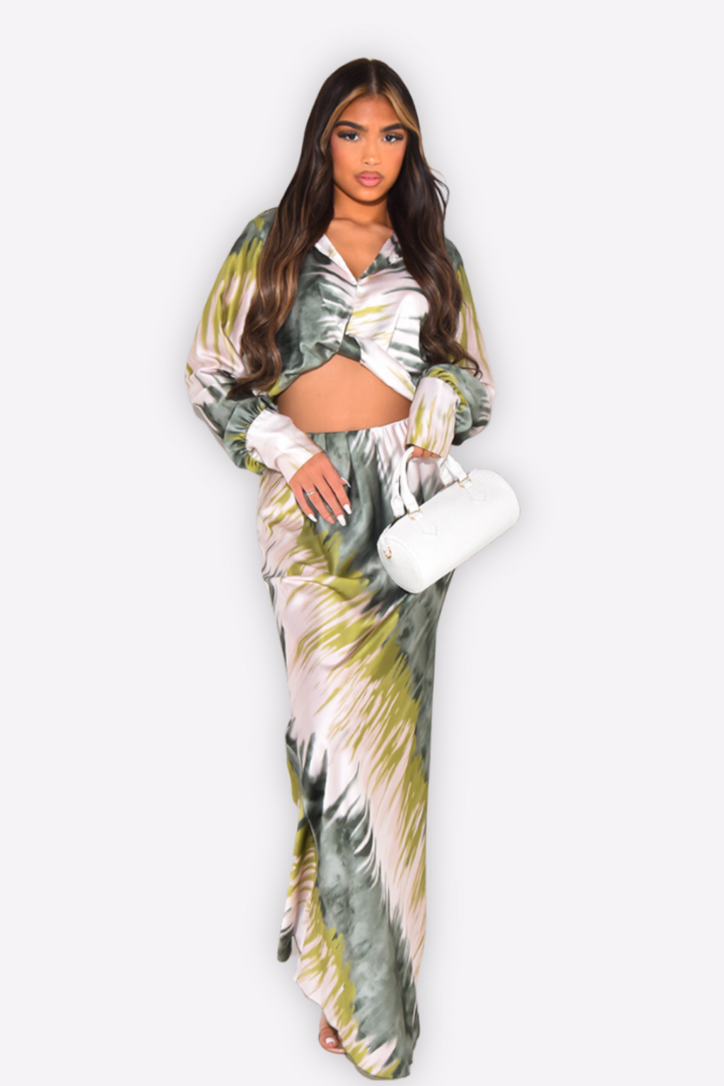 Satin Pink & Orange Printed Maxi Skirt Co-ord Set - Amber Fashion UK