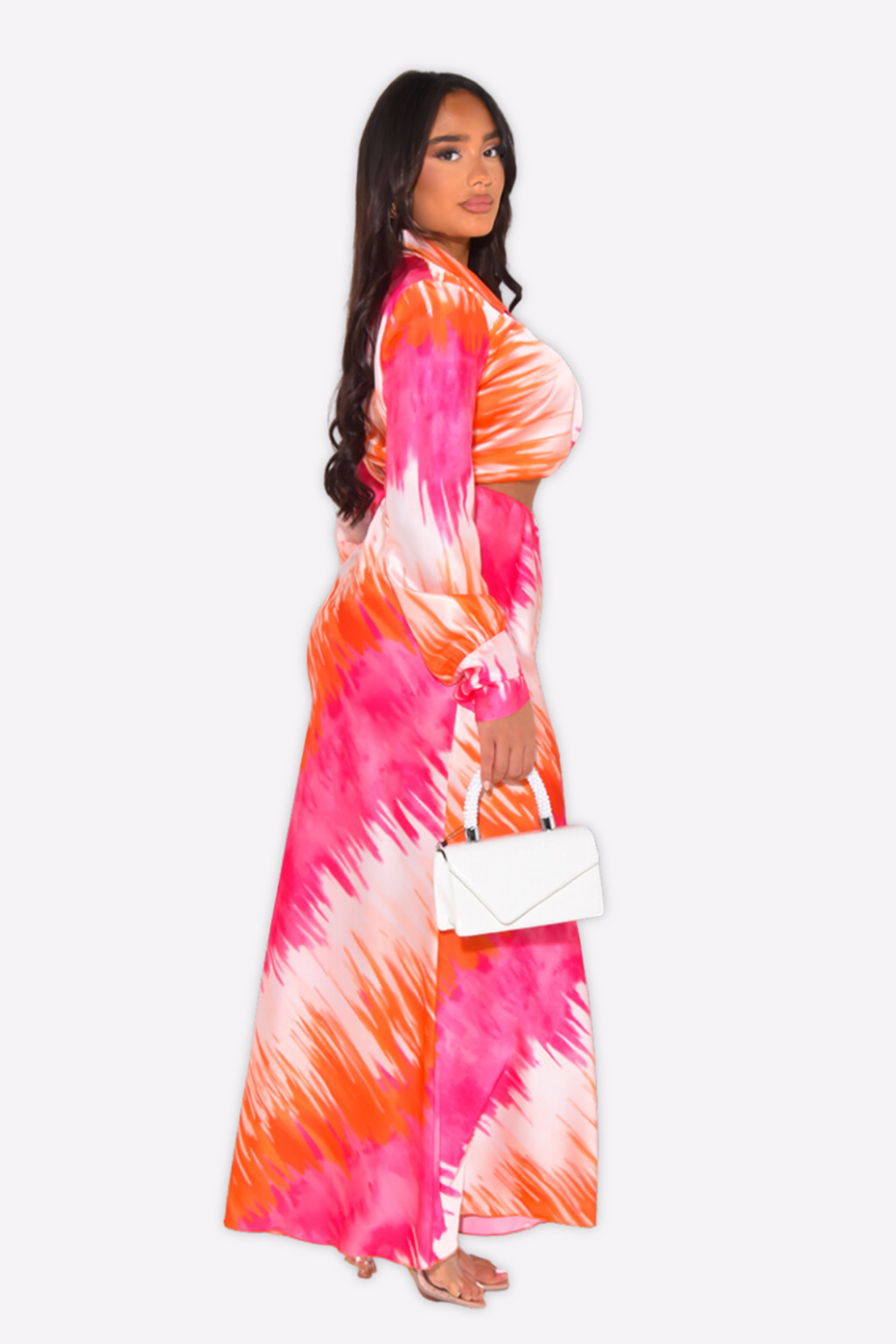 Satin Pink & Orange Printed Maxi Skirt Co-ord Set - Amber Fashion UK