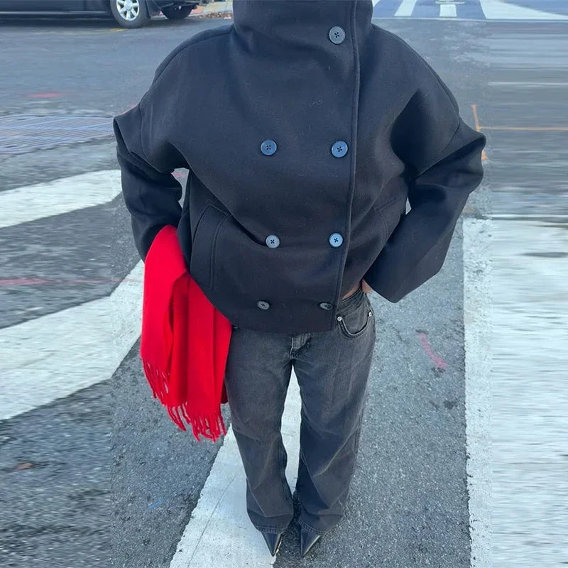 Stand Collar Women Woolen Coat Long Sleeve Single Breasted Loose Female Jacket 2025 Autumn Winter Office Lady Street Short Coats - Amber Fashion UK