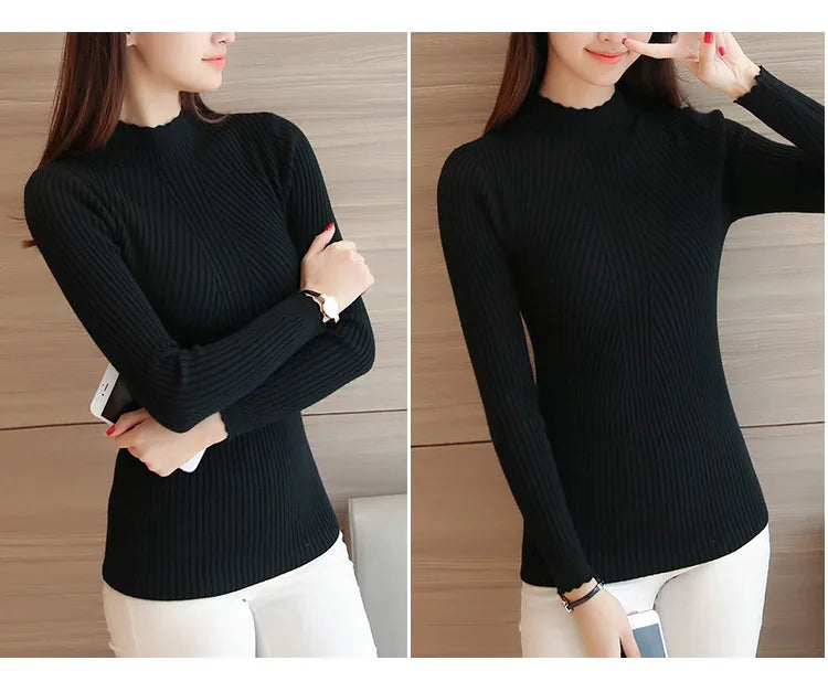 2025 Autumn Women Mock Neck Ruffles Sweater Long Sleeve Knitted Bottoming Solid Pullovers Stripe Women Casual Sweater Winter - Amber Fashion UK