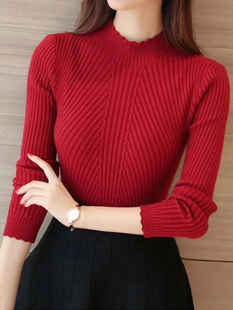 2025 Autumn Women Mock Neck Ruffles Sweater Long Sleeve Knitted Bottoming Solid Pullovers Stripe Women Casual Sweater Winter - Amber Fashion UK