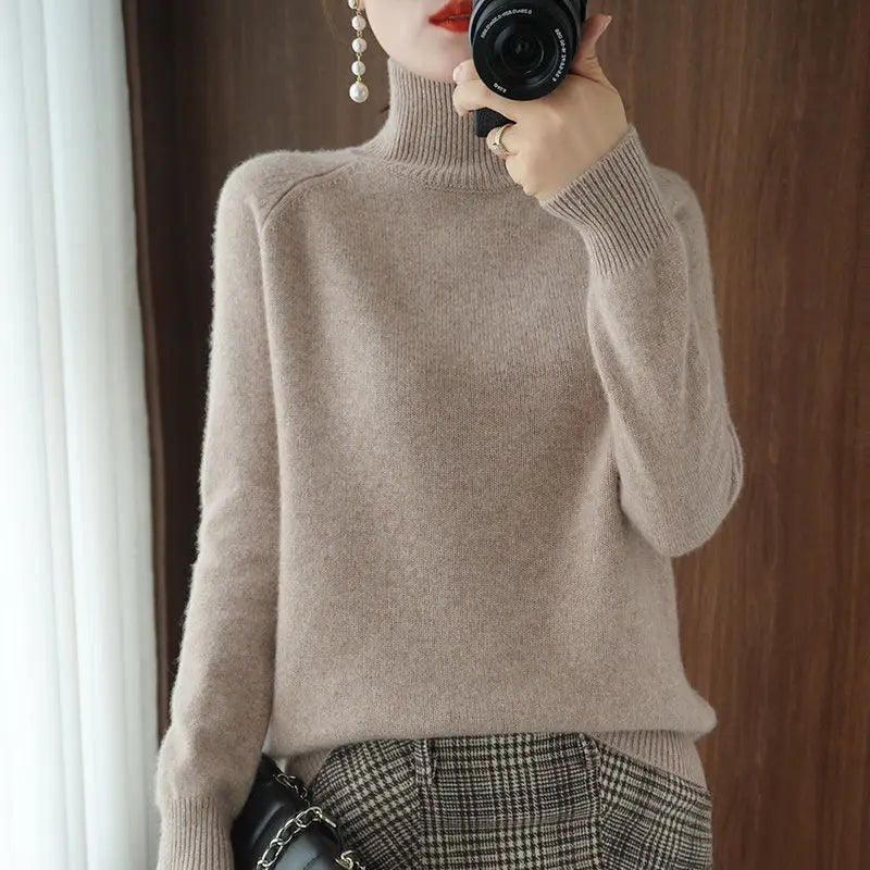 Turtleneck Pullover Fall/winter 2023 Cashmere Sweater Women Pure Color Casual Long-sleeved Loose Pullover Bottoming Women's - Amber Fashion UK