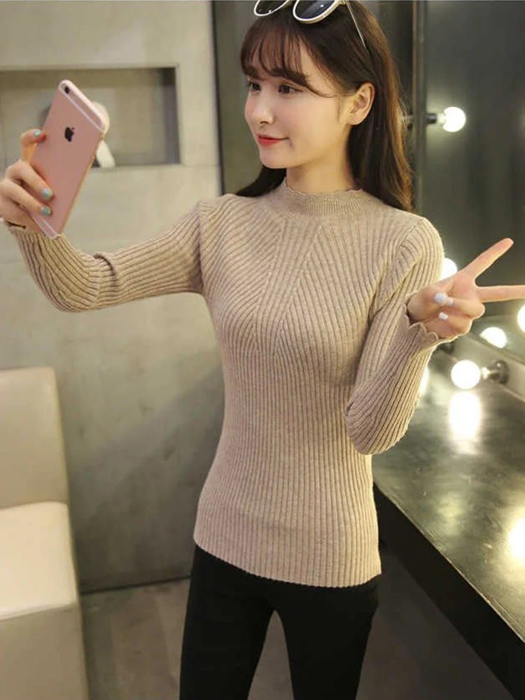 2025 Autumn Women Mock Neck Ruffles Sweater Long Sleeve Knitted Bottoming Solid Pullovers Stripe Women Casual Sweater Winter - Amber Fashion UK