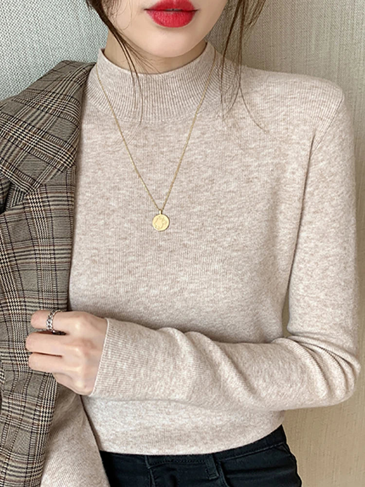 AOSSVIAO Turtleneck Sweater Women Fashion 2024 New Stretch Tops Women Knitted Pullovers Long Sleeve Bottoming Knitted Sweater - Amber Fashion UK