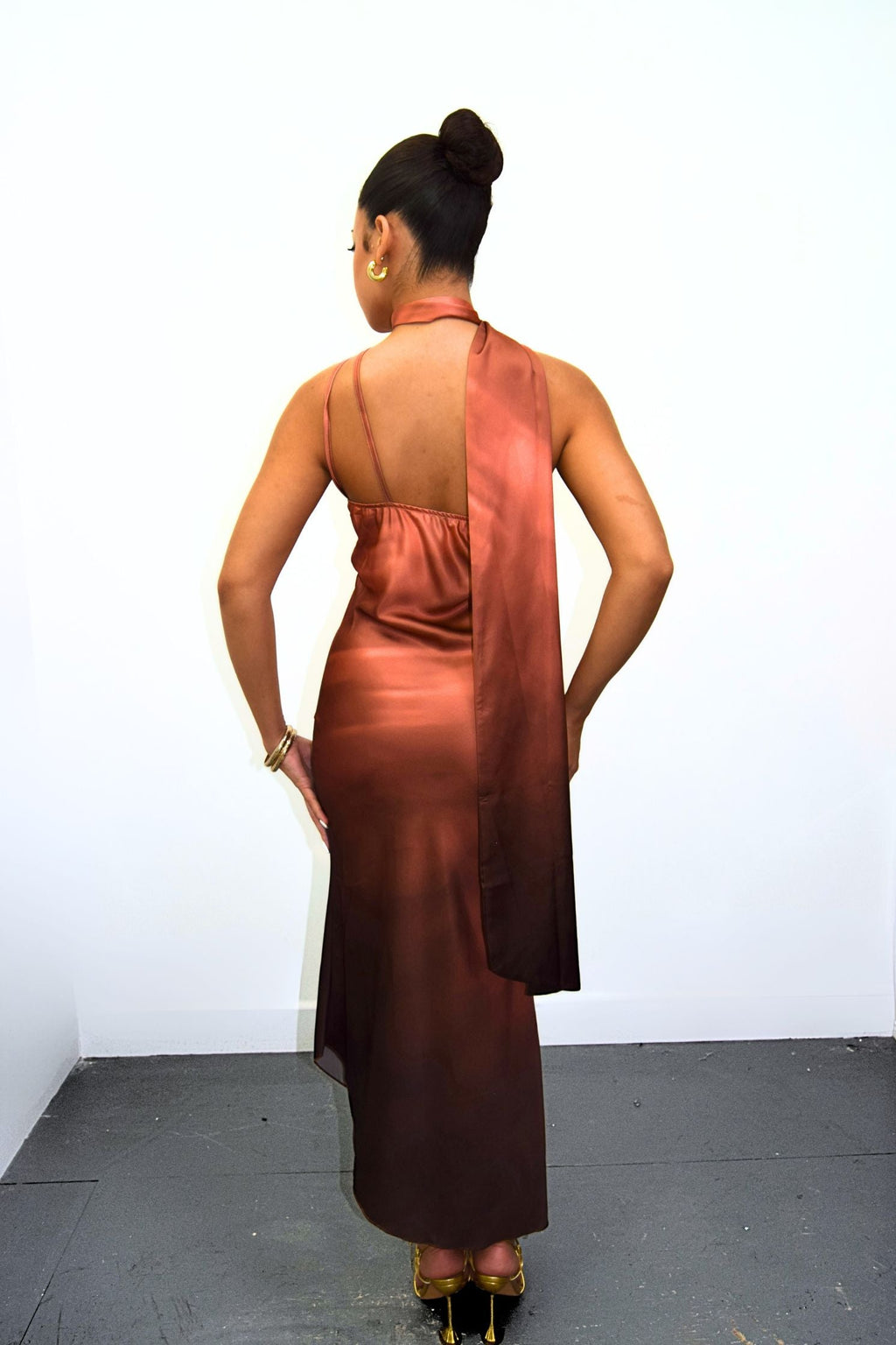 Pink Satin Ombre Asymmetrical Tie Neck Slip Midi Dress - Amber Fashion UK