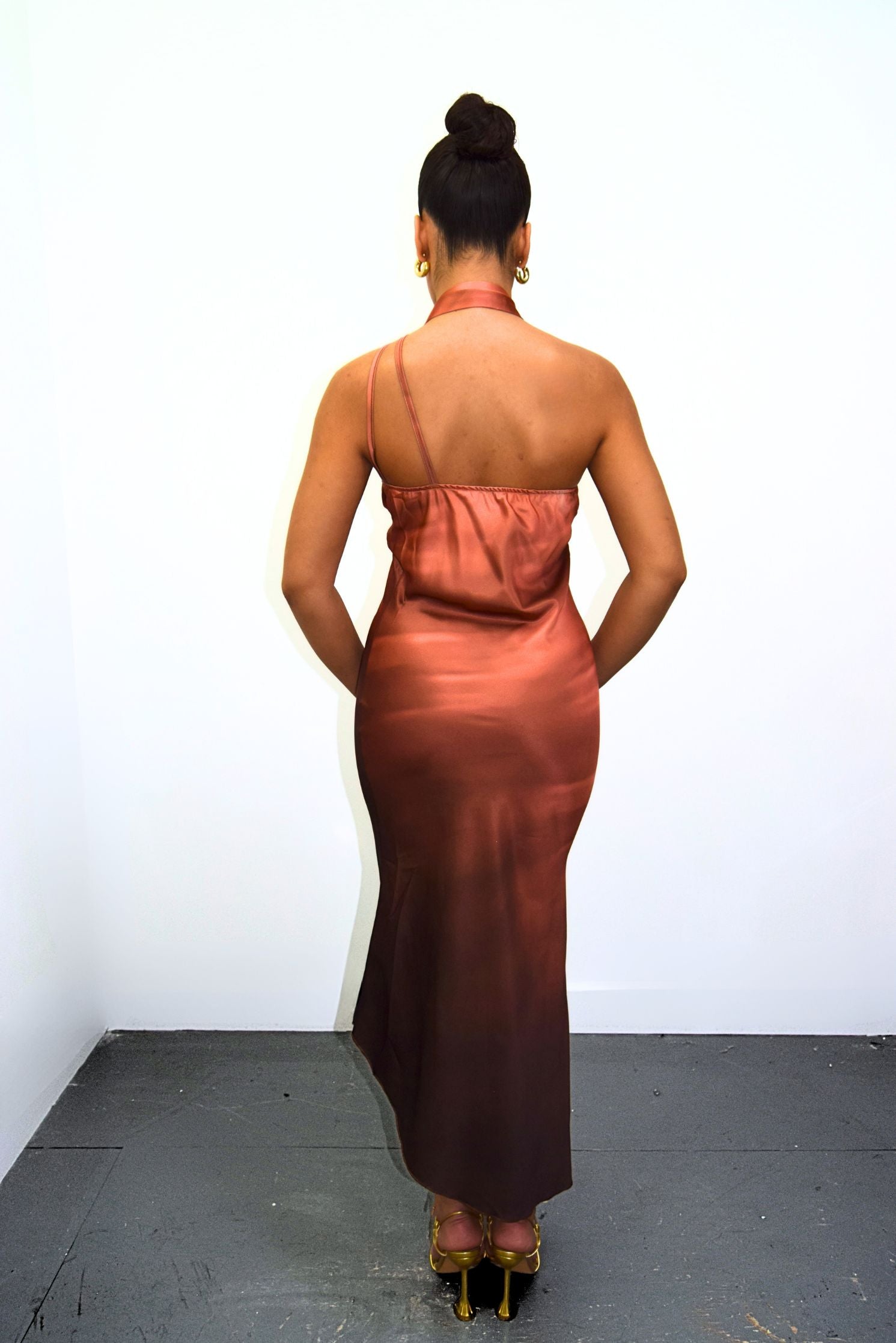 Pink Satin Ombre Asymmetrical Tie Neck Slip Midi Dress - Amber Fashion UK