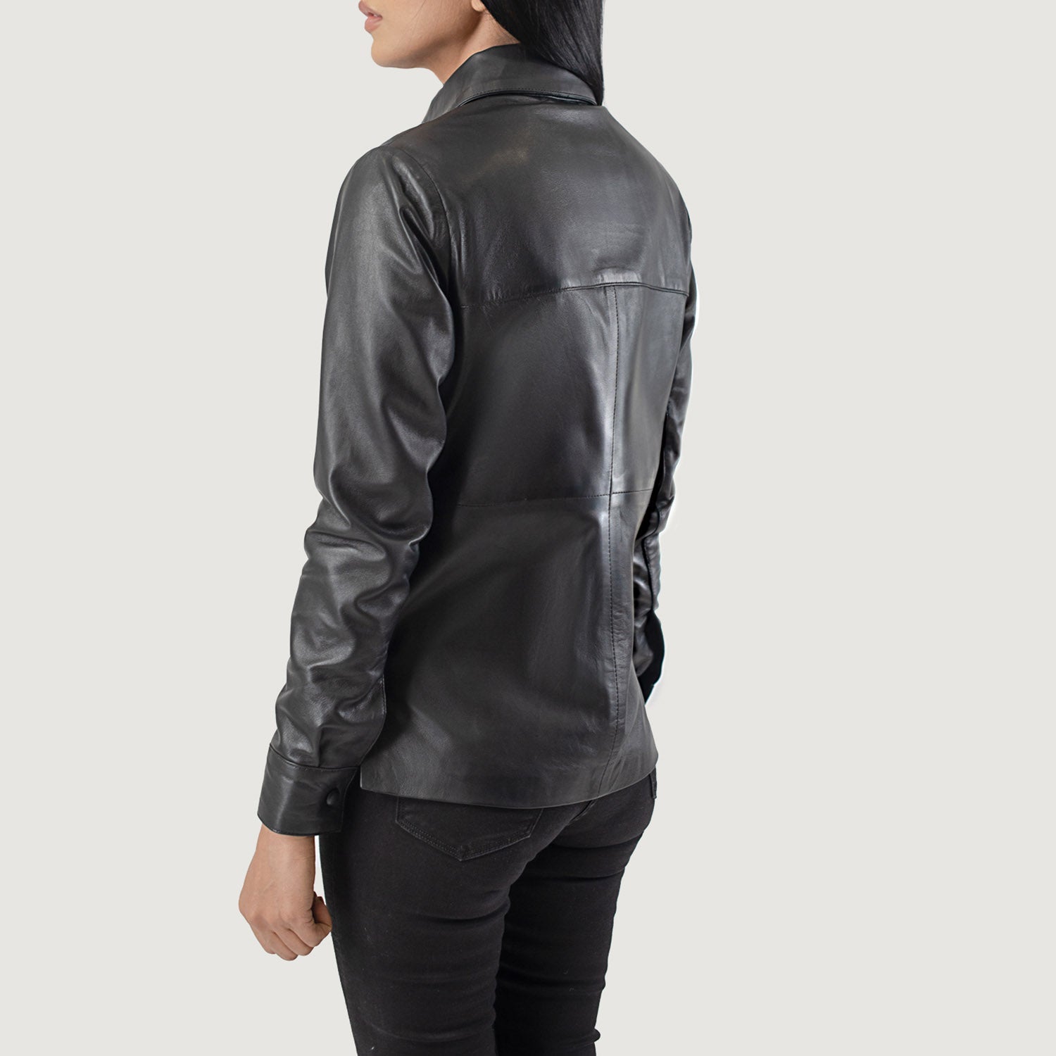 Women's Leather Shirt Collar Leather Jacket | Black