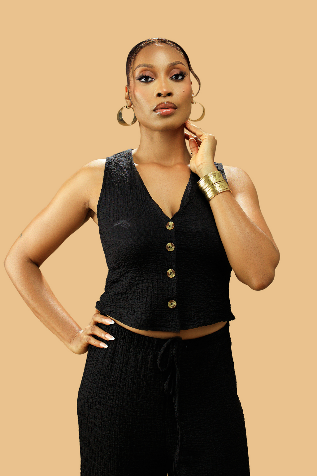 Women's Textured V-Neck Button-Up Waistcoat Co-ord Set - Amber Fashion UK