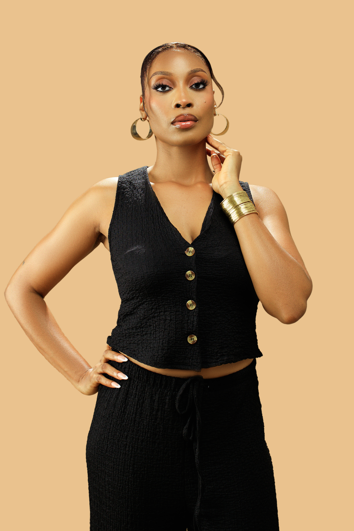 Women's Textured V-Neck Button-Up Waistcoat Co-ord Set - Amber Fashion UK