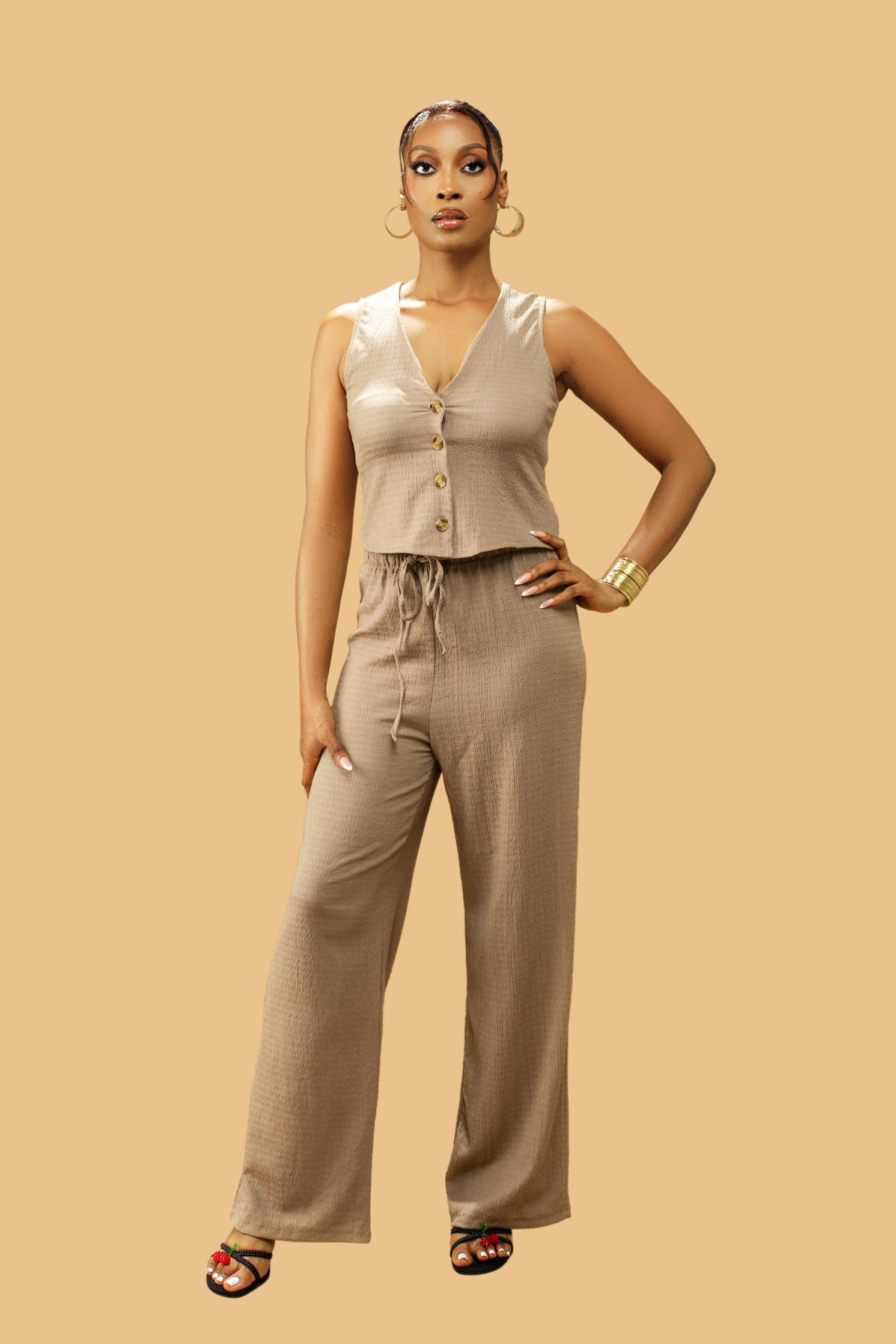 Women's Textured V-Neck Button-Up Waistcoat Co-ord Set - Amber Fashion UK