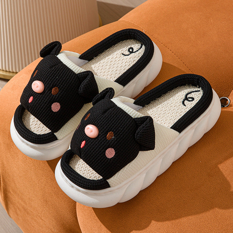 Piggy Cute Couple Open Toe Linen Cotton Linen Slippers - Amber Fashion UK