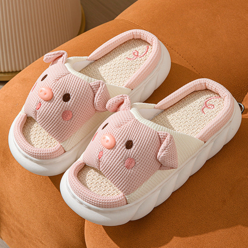 Piggy Cute Couple Open Toe Linen Cotton Linen Slippers - Amber Fashion UK