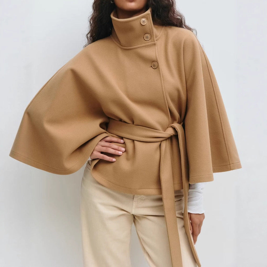 Winter High Neck Batwing Sleeve Coat With Belt Fashion Loose Elegant Button Top Trench Coat For Women Clothing - Amber Fashion UK