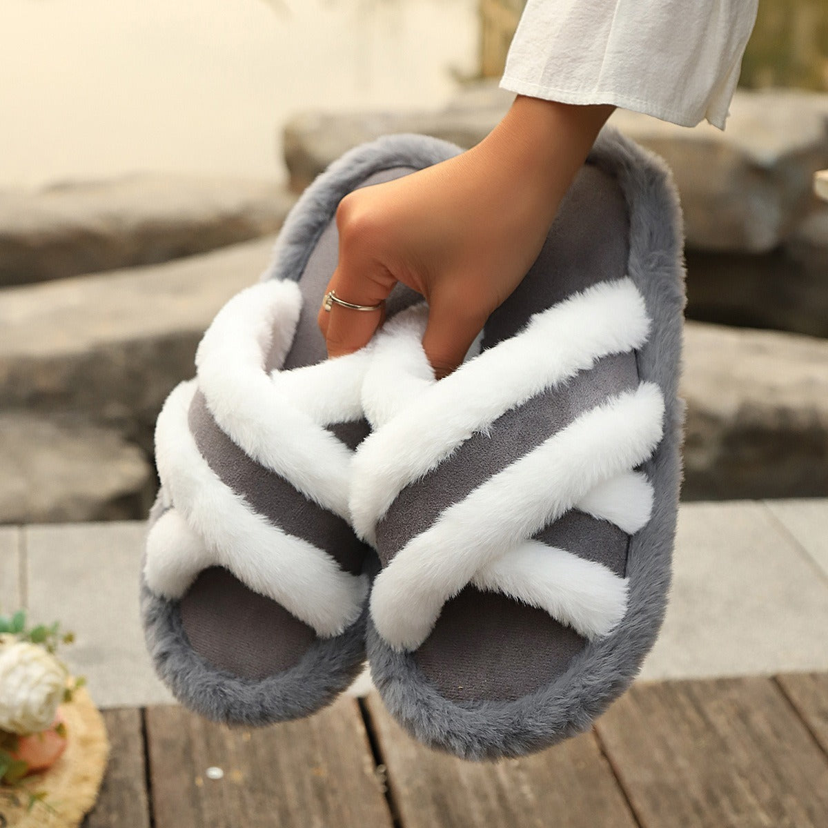 Fluffy Slippers Cross Strap Stitching Warm Casual Platform Slippers - Amber Fashion UK