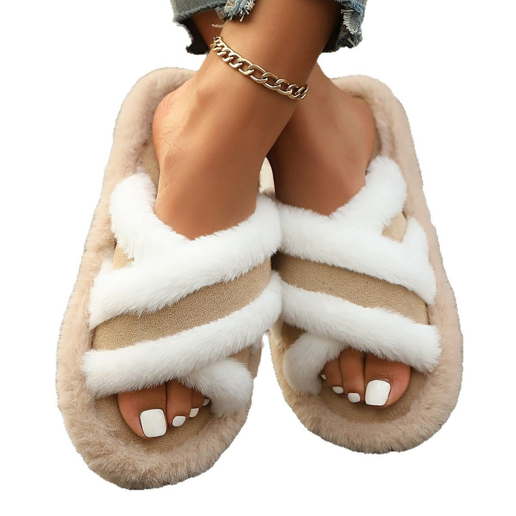 Fluffy Slippers Cross Strap Stitching Warm Casual Platform Slippers - Amber Fashion UK