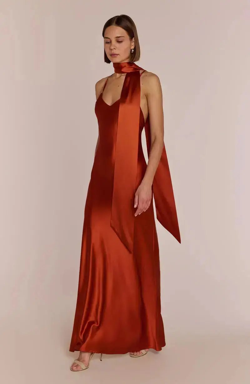 Brooklyn Dress in Burnt Orange Satin