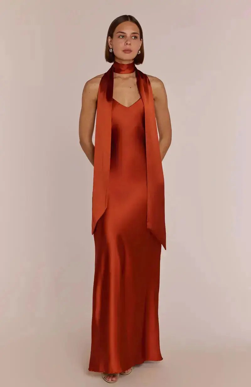 Brooklyn Dress in Burnt Orange Satin