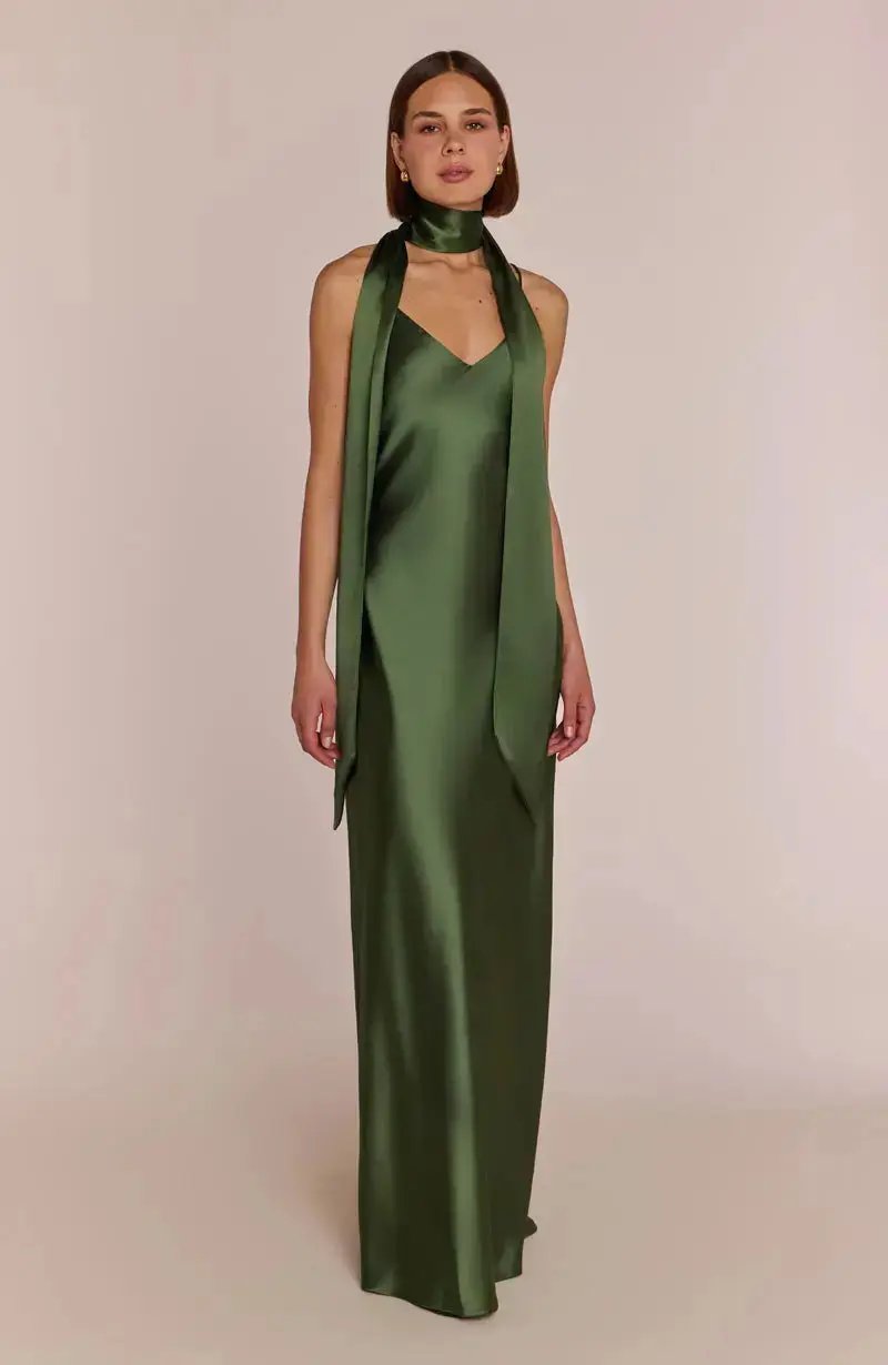 Brooklyn Dress in Olive Green Satin