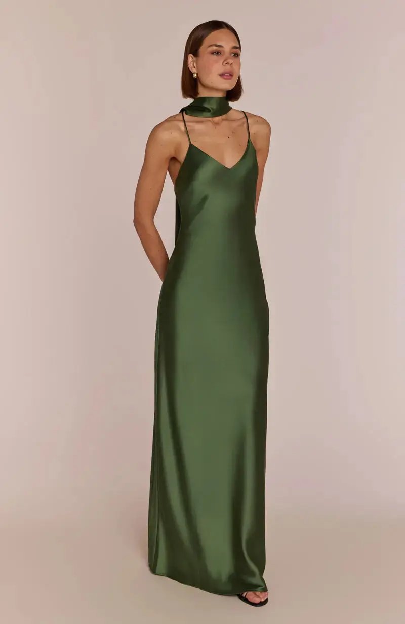 Brooklyn Dress in Olive Green Satin