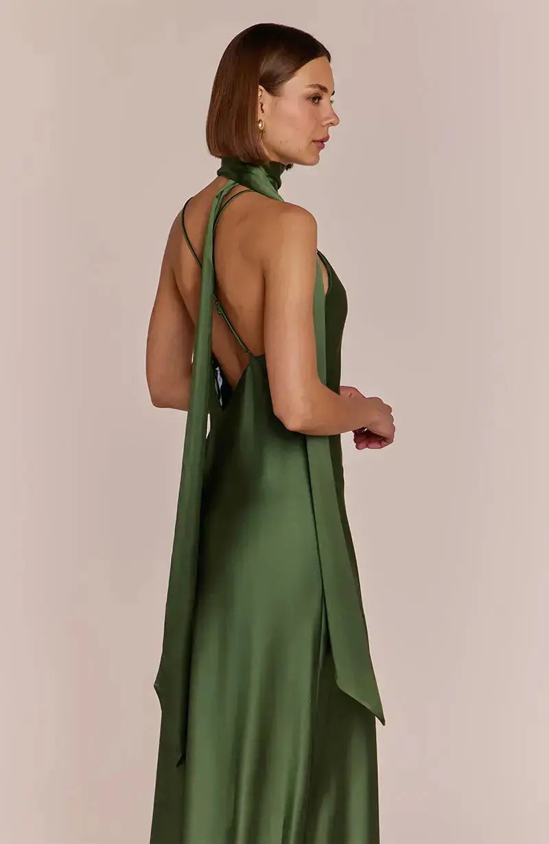 Brooklyn Dress in Olive Green Satin