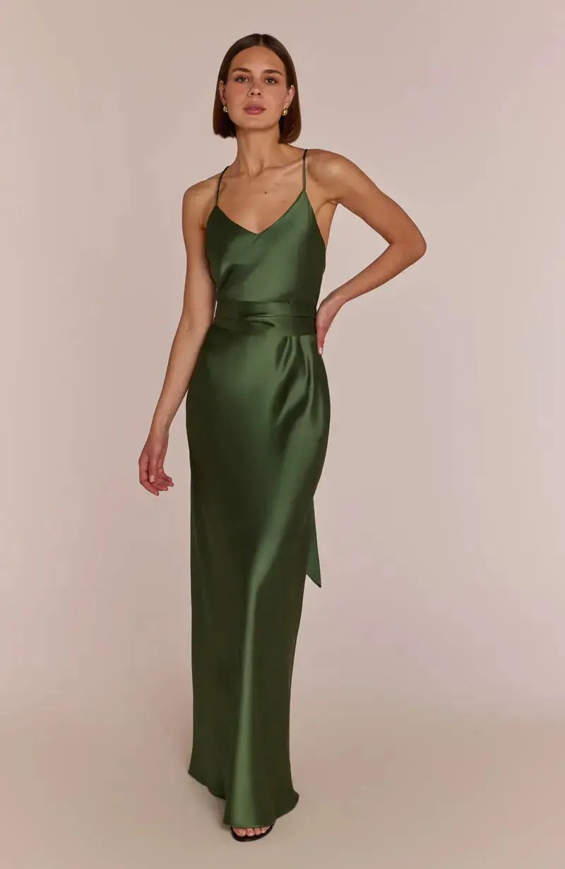 Brooklyn Dress in Olive Green Satin
