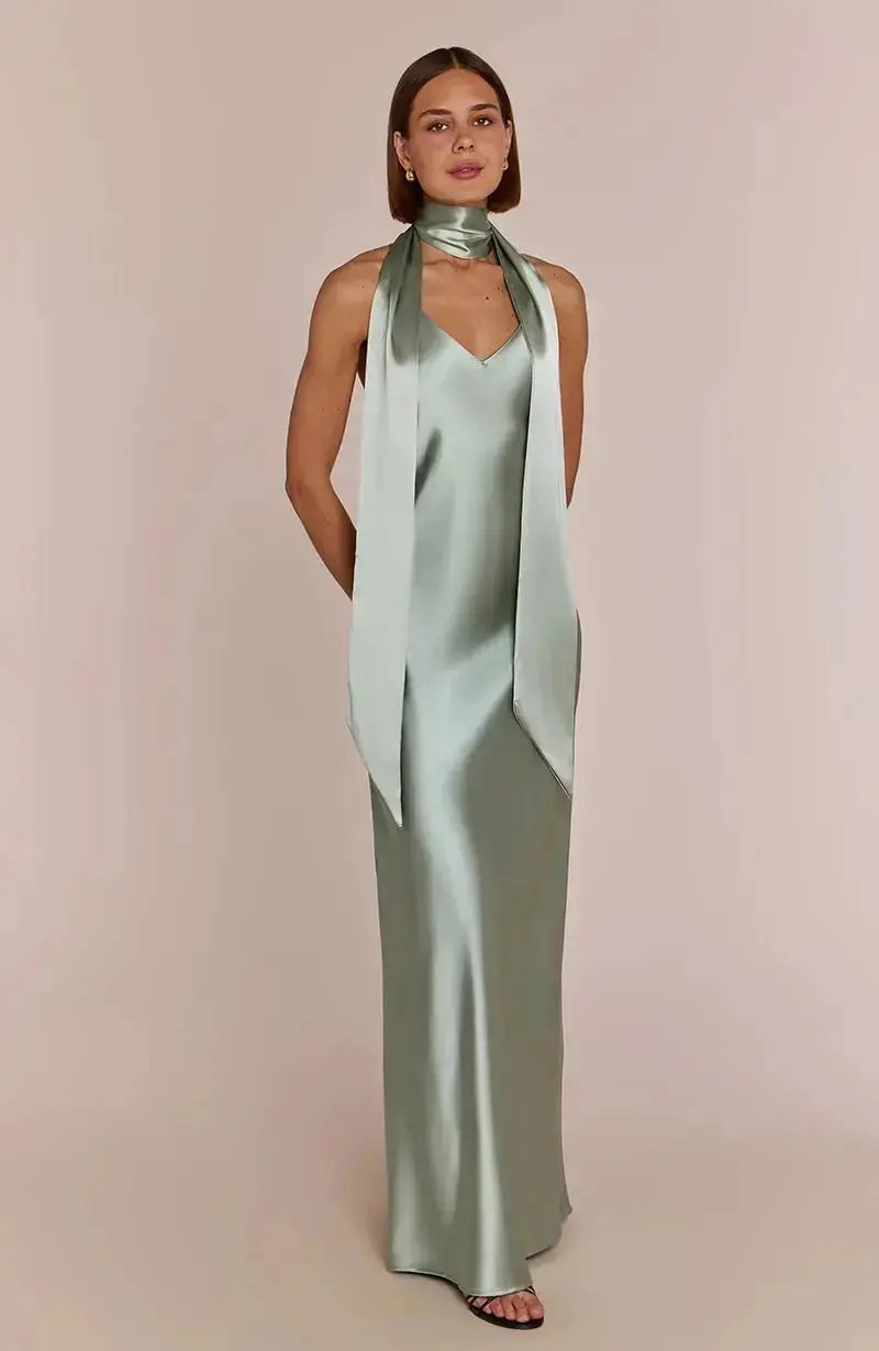 Brooklyn Dress in Sage Green Satin