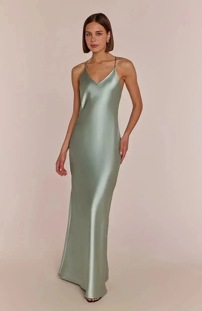 Brooklyn Dress in Sage Green Satin