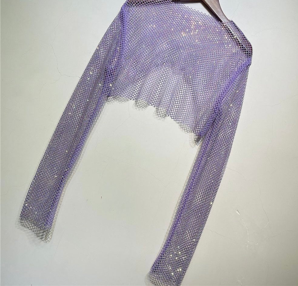 Cropped Embellished Mesh Top