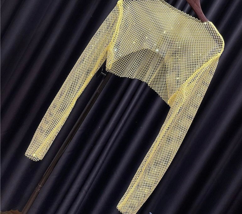 Cropped Embellished Mesh Top