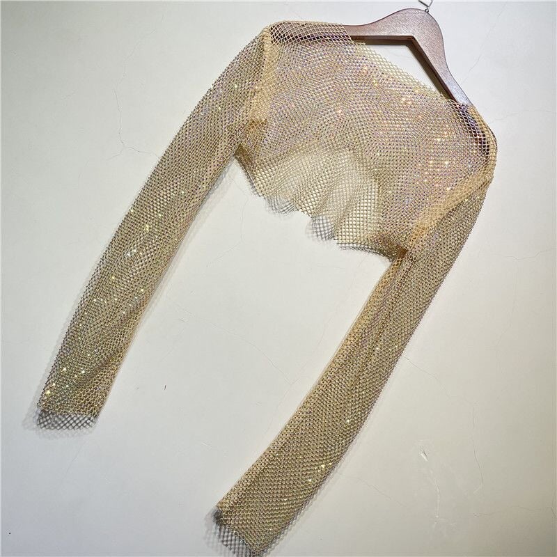 Cropped Embellished Mesh Top