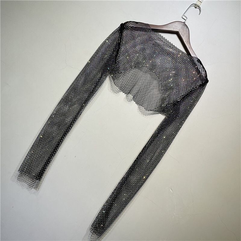 Cropped Embellished Mesh Top