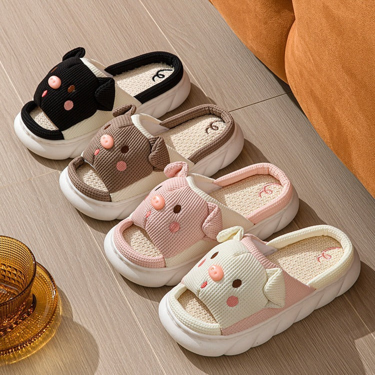 Piggy Cute Couple Open Toe Linen Cotton Linen Slippers - Amber Fashion UK
