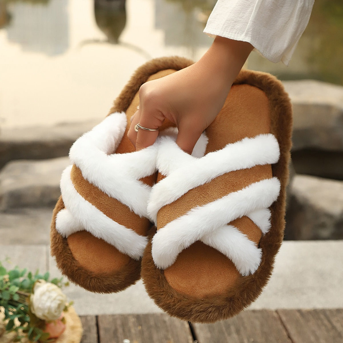 Fluffy Slippers Cross Strap Stitching Warm Casual Platform Slippers - Amber Fashion UK