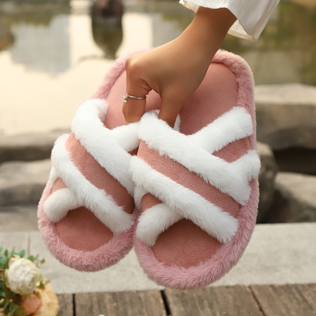 Fluffy Slippers Cross Strap Stitching Warm Casual Platform Slippers - Amber Fashion UK