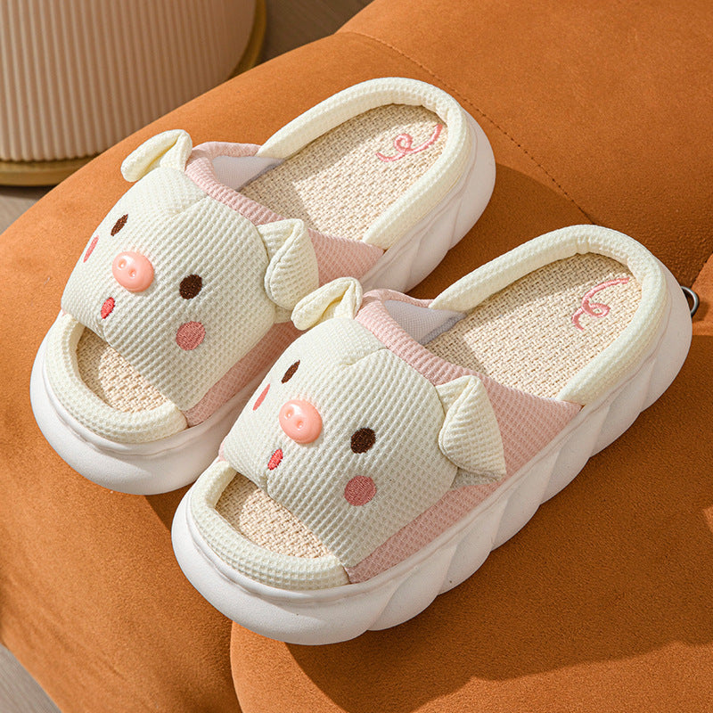 Piggy Cute Couple Open Toe Linen Cotton Linen Slippers - Amber Fashion UK