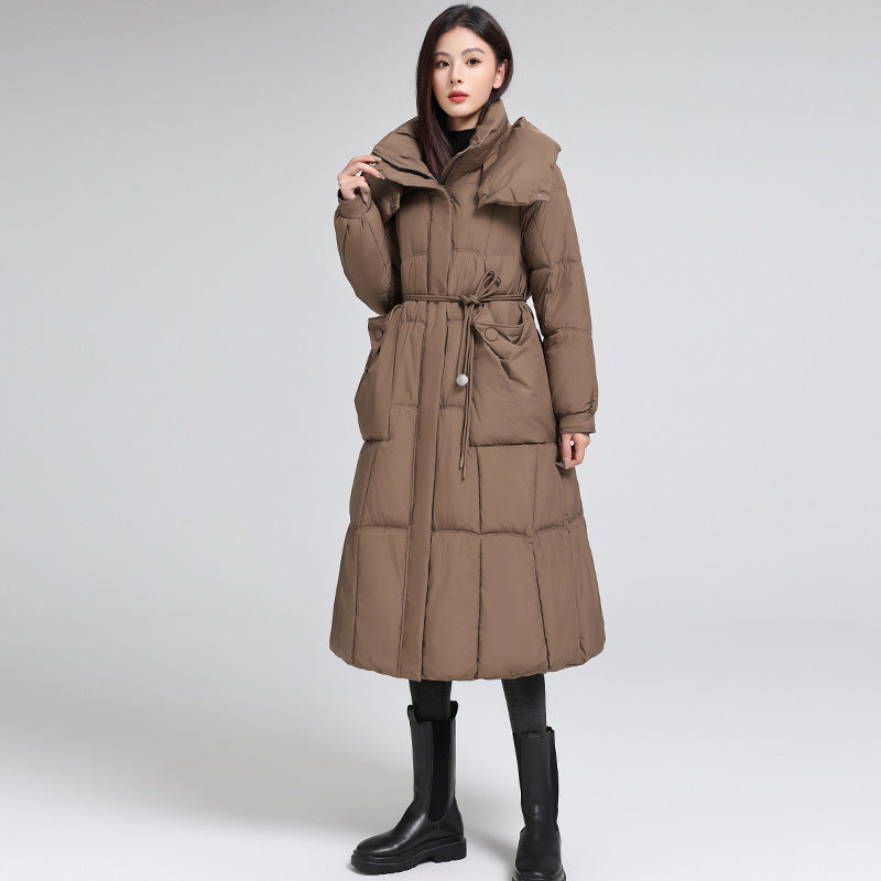Knee-length Warm Cotton Coat Loose Thicken Waist-cinching Padded Jacket - Amber Fashion UK