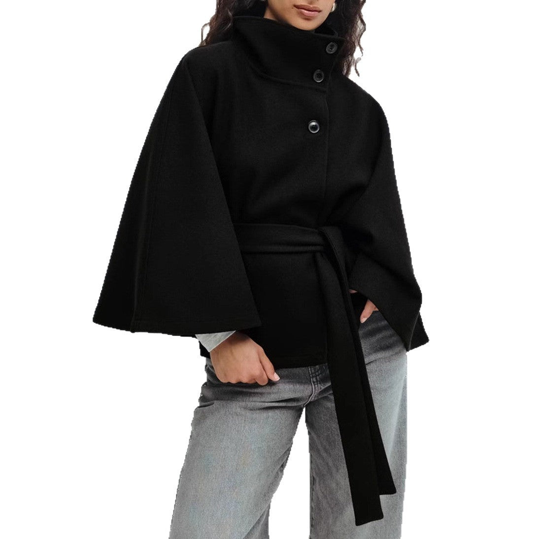 Winter High Neck Batwing Sleeve Coat With Belt Fashion Loose Elegant Button Top Trench Coat For Women Clothing - Amber Fashion UK