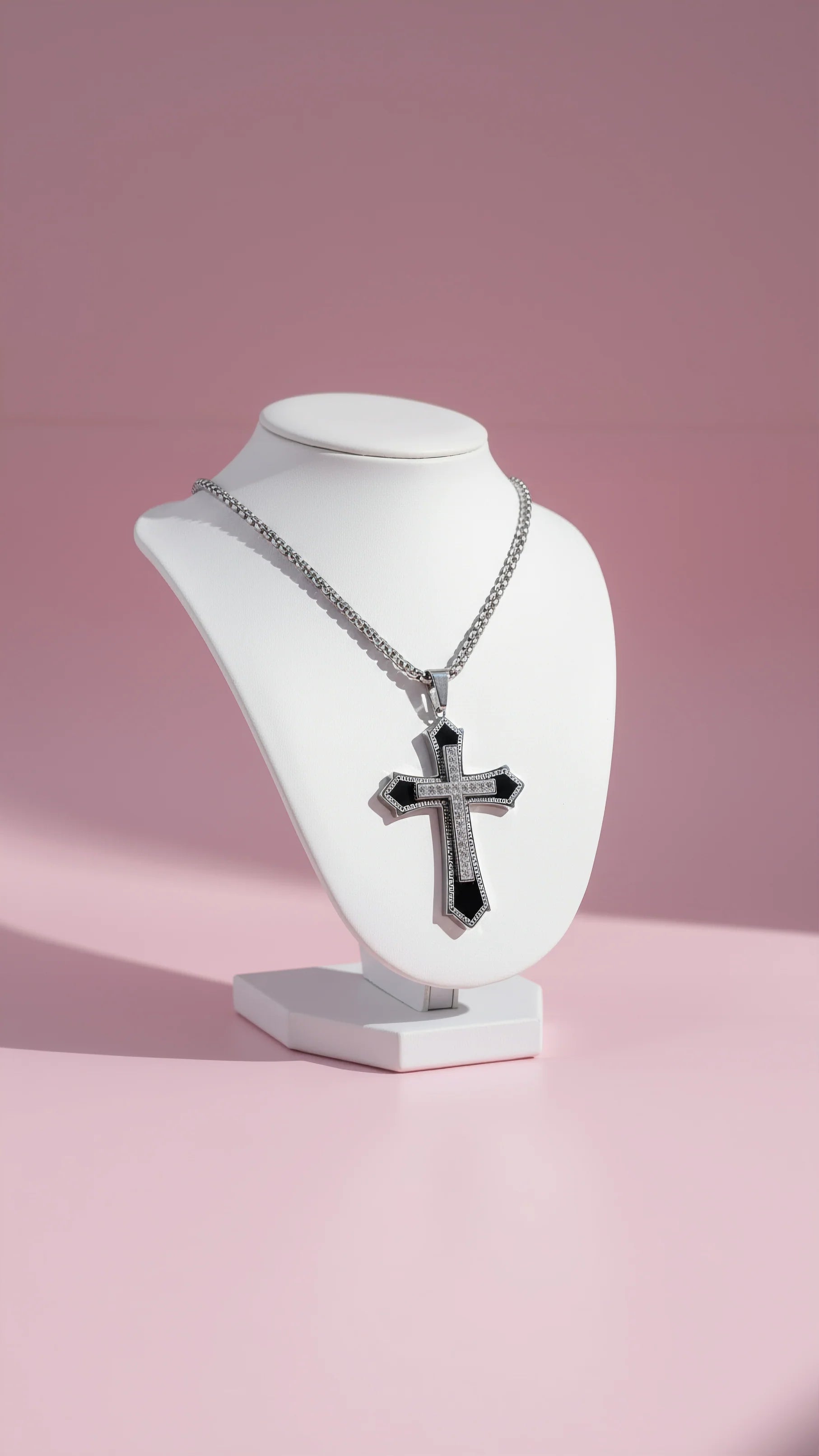 Layered Silver Crystal Cross Necklace