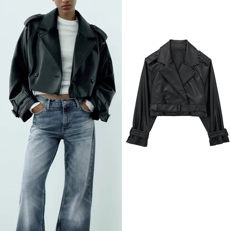 Leatherette Cropped Trench Coat