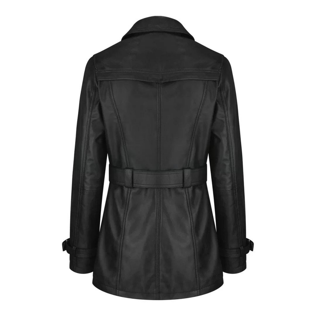 Women's Leather Belted Trench Car Coat | Black