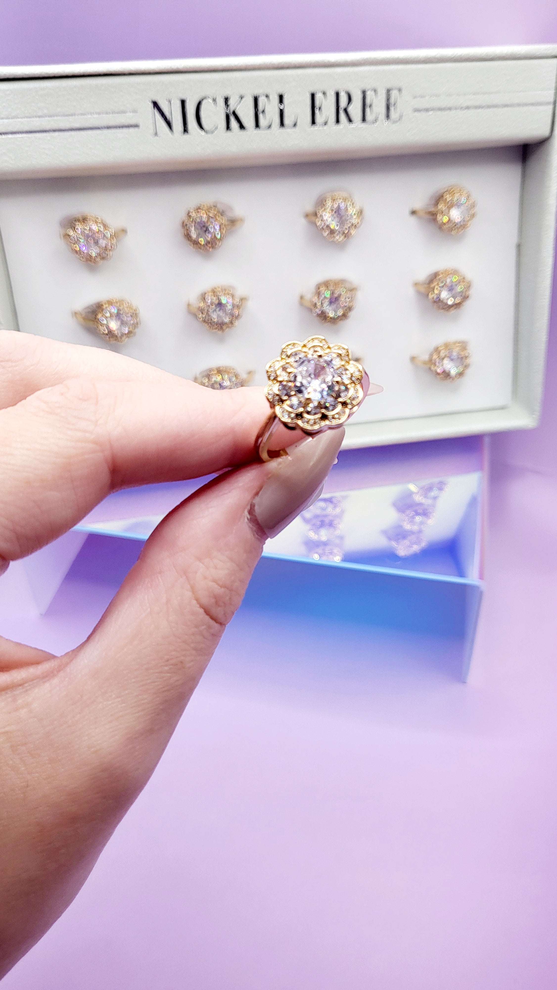 Rose Crystal Ring Gold Box set of 12