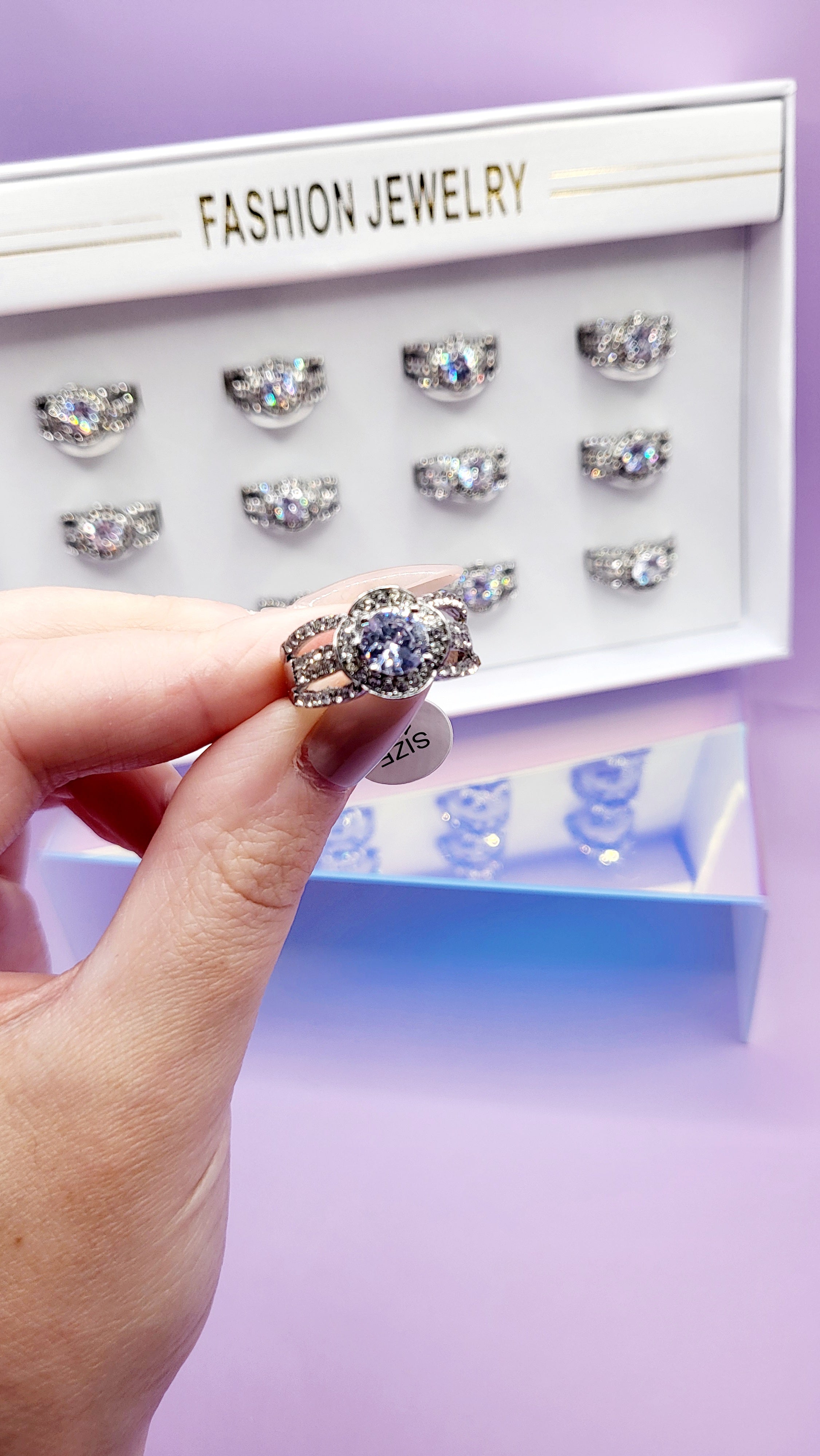 Twisted Band Crystal Silver Ring Box set of 12